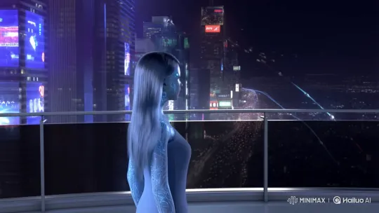AI Girl Observes Futuristic Cityscape from Skyscraper Balcony – AI Generated Video | Hailuo AI
