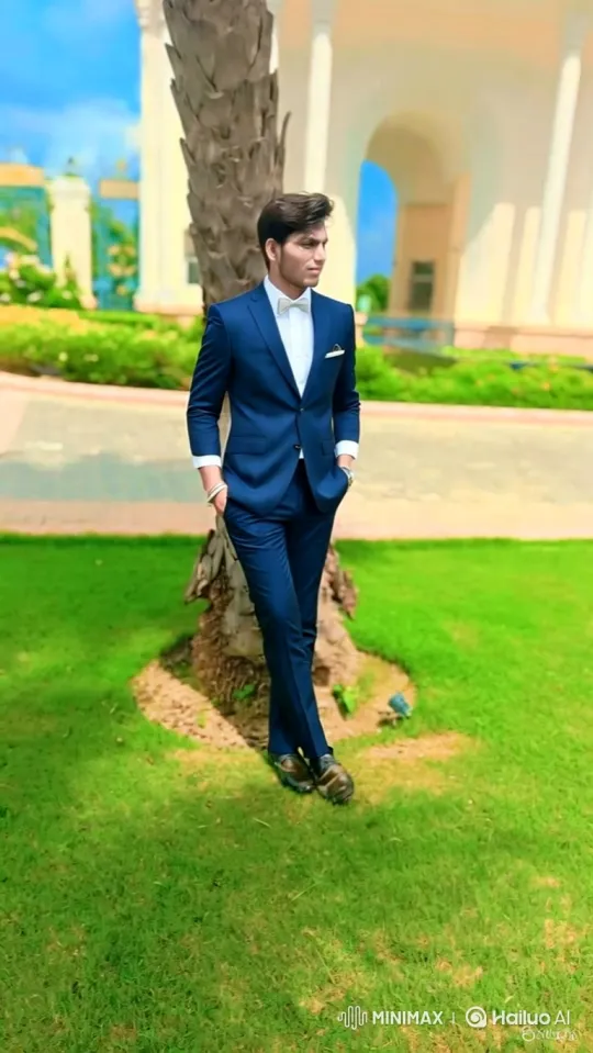 Young Man in Suit Smiles Confidently on Green Lawn – AI Generated Video | Hailuo AI