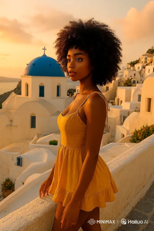 Portrait of a Woman in Golden Hour with Blue-Domed Church – AI Generated Video | Hailuo AI