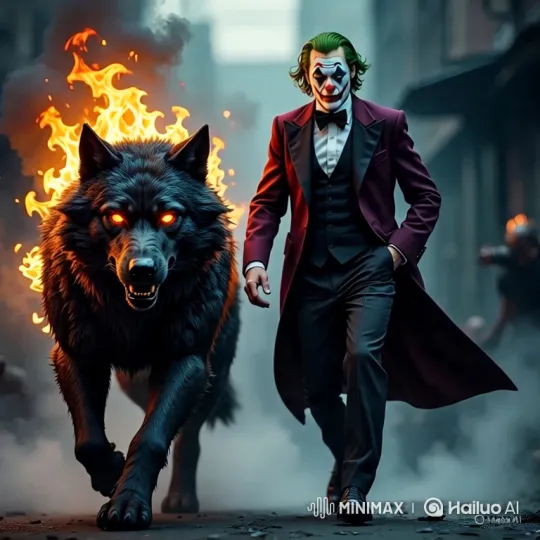 Joker Walks with Fiery Wolf in Post-Apocalyptic City – AI Generated Video | Hailuo AI