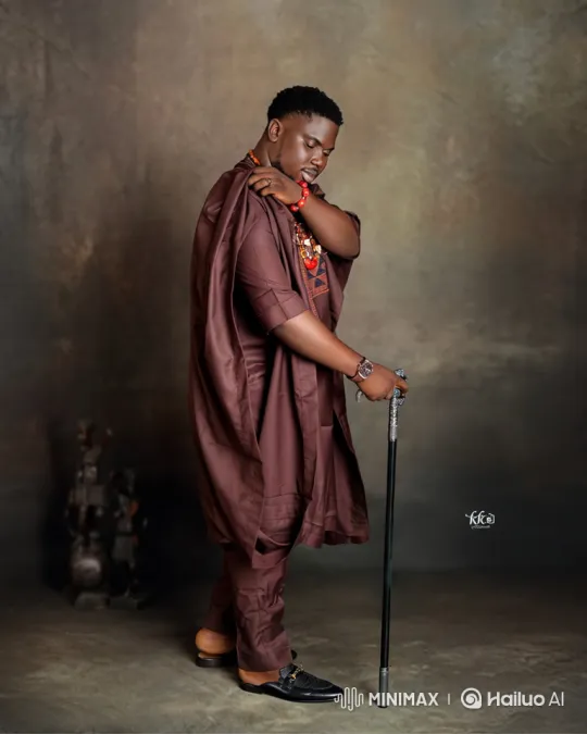 Man in Brown Outfit Walks with Cane in Studio – AI Generated Video | Hailuo AI