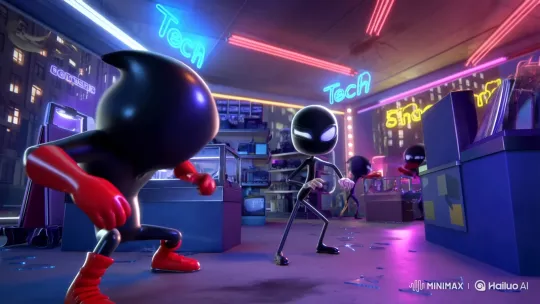 Cartoon Vigilante Swiftly Neutralizes Robber in Tech Store – AI Generated Video | Hailuo AI