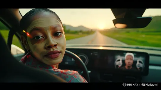 Young Black Woman in Car, Sunset Journey Scene – AI Generated Video | Hailuo AI