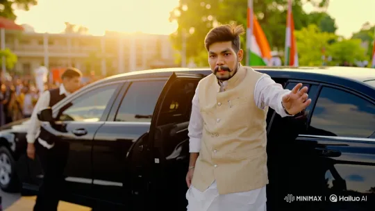 Distinguished Man Welcomed Amidst Crowds and Indian Flags – AI Generated Video | Hailuo AI