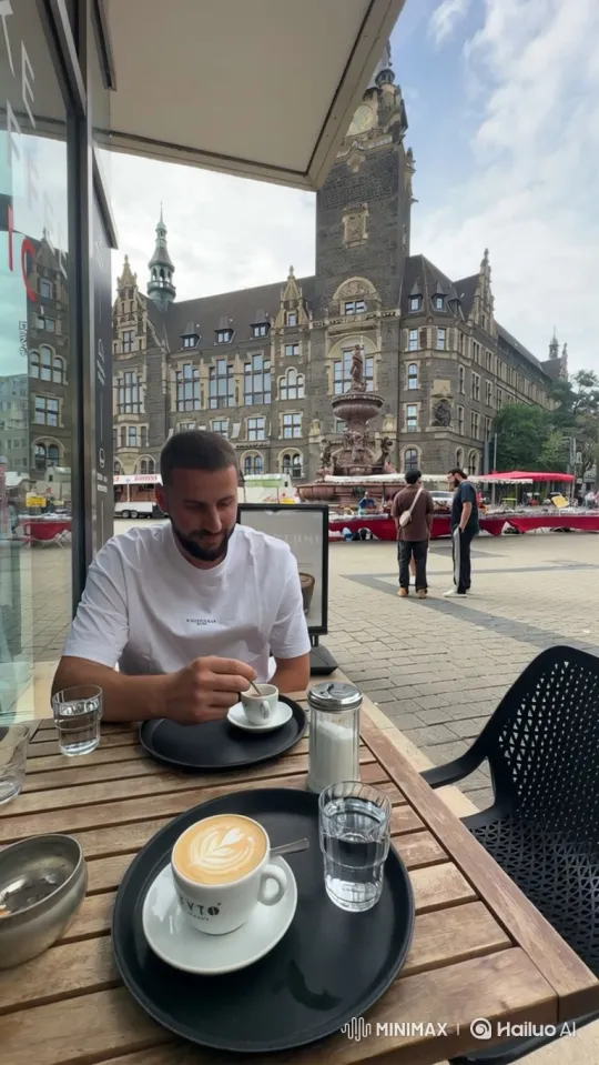 A man enjoys espresso at a historic European town square. – AI Generated Video | Hailuo AI