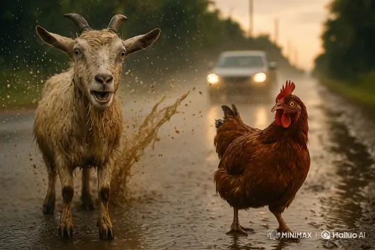 Goat and Chicken Walk Through Puddles, Face Splash of Mud – AI Generated Video | Hailuo AI