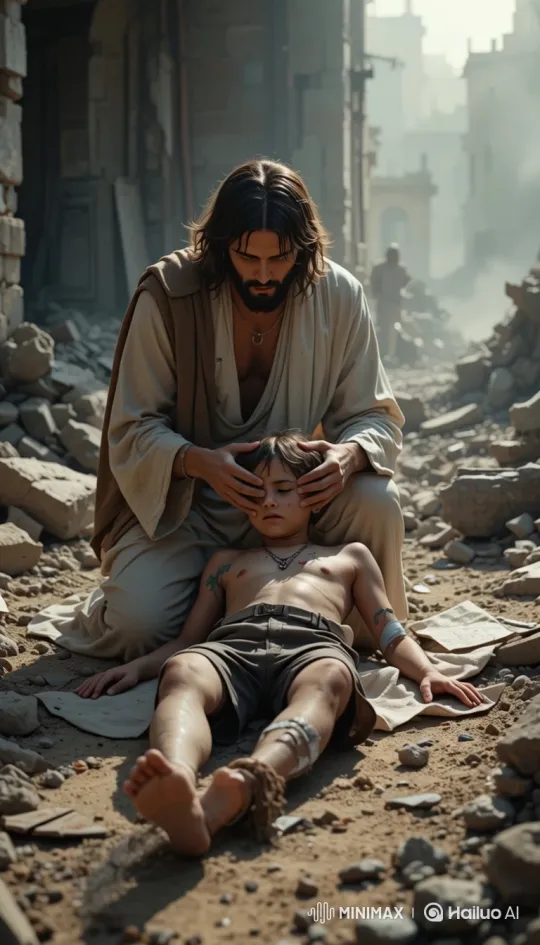 Jesus-like Figure Prays Over Wounded Boy in War Ruins – AI Generated Video | Hailuo AI