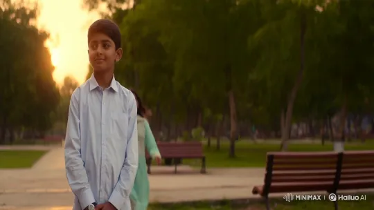 Golden Hour Connection: Boy, Girl Share Smile in Park – AI Generated Video | Hailuo AI