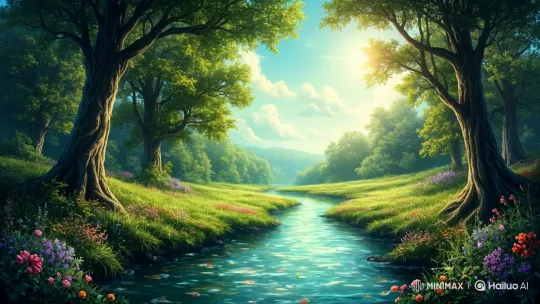 Tranquil Forest Clearing with Flowing River and Sunlit Canopy – AI Generated Video | Hailuo AI