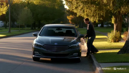 Man Drives Away in Sedan on Suburban Street – AI Generated Video | Hailuo AI