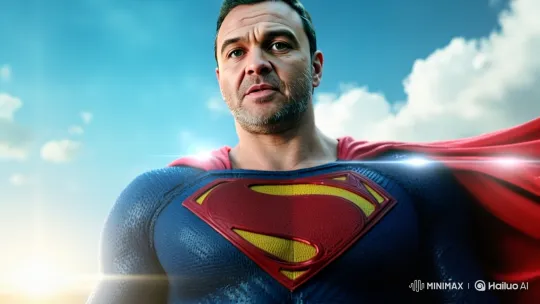 Heroic Stance: The Blue-Caped Superhero in Sunlight – AI Generated Video | Hailuo AI