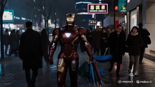 Ironman Sells Umbrellas on a Rainy Chinese Street – AI Generated Video | Hailuo AI