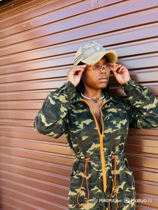 Stylish Woman in Camouflage Jumpsuit with Unique Sunglasses – AI Generated Video | Hailuo AI