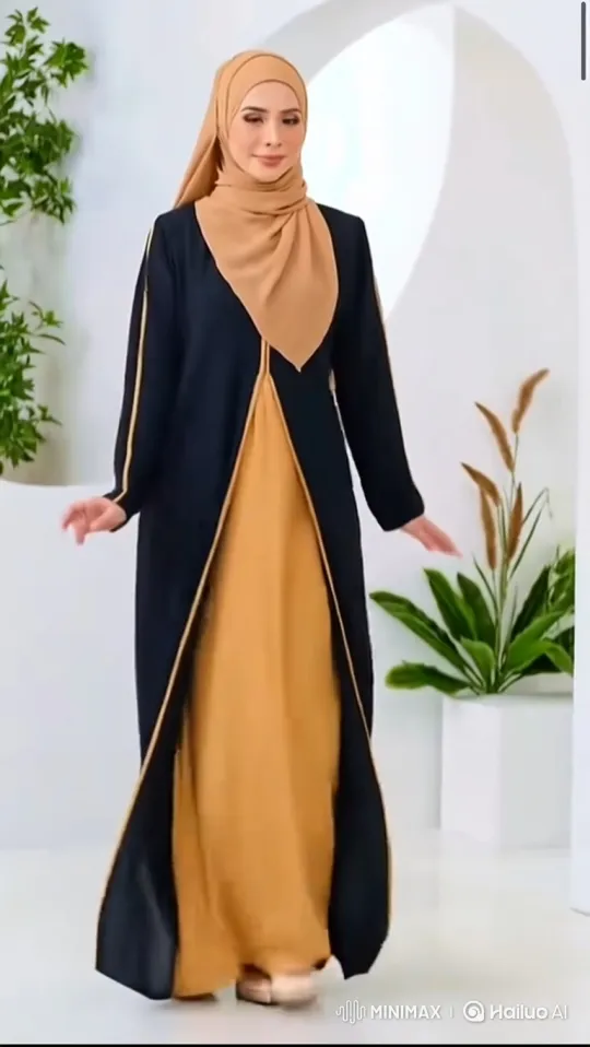 Woman Models Elegant Mustard-Yellow Dress and Black Robe – AI Generated Video | Hailuo AI