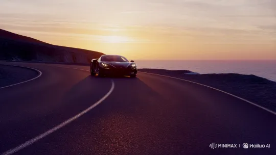 Modern Sports Car Showcased on Coastal Road at Golden Hour – AI Generated Video | Hailuo AI