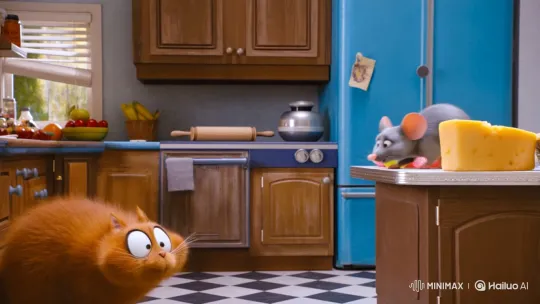 Clumsy Cat Chases Clever Mouse in Colorful Kitchen – AI Generated Video | Hailuo AI