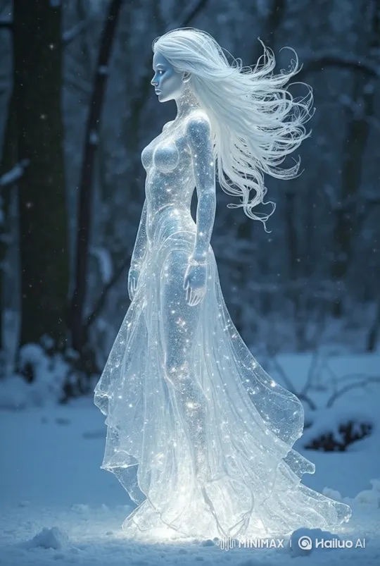 Ice Princess Glides Through Serene Snowy Forest at Dusk – AI Generated Video | Hailuo AI
