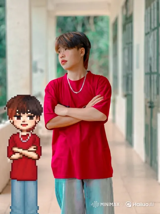 Young Person and Pixelated Stand-in in Open-Air Corridor – AI Generated Video | Hailuo AI
