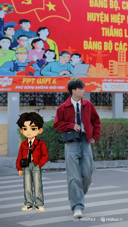 Young Man and Pixelated Companion in Urban Crosswalk – AI Generated Video | Hailuo AI