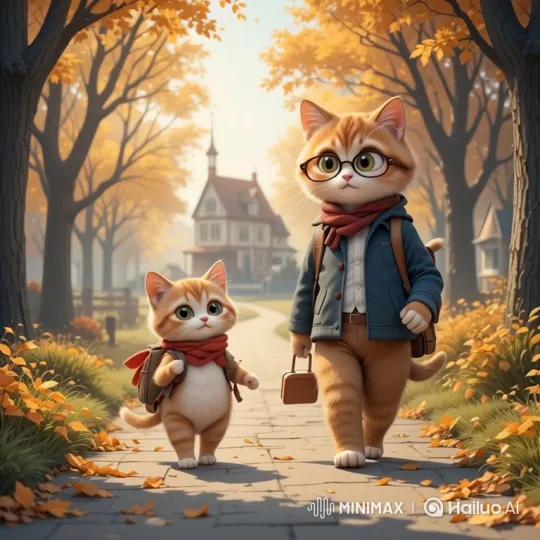 Father Cat and Kitten Enjoy Autumn Morning Walk – AI Generated Video | Hailuo AI