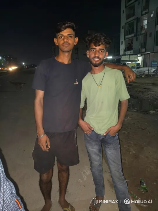 Two Friends Pose on Nighttime Roadside – AI Generated Video | Hailuo AI