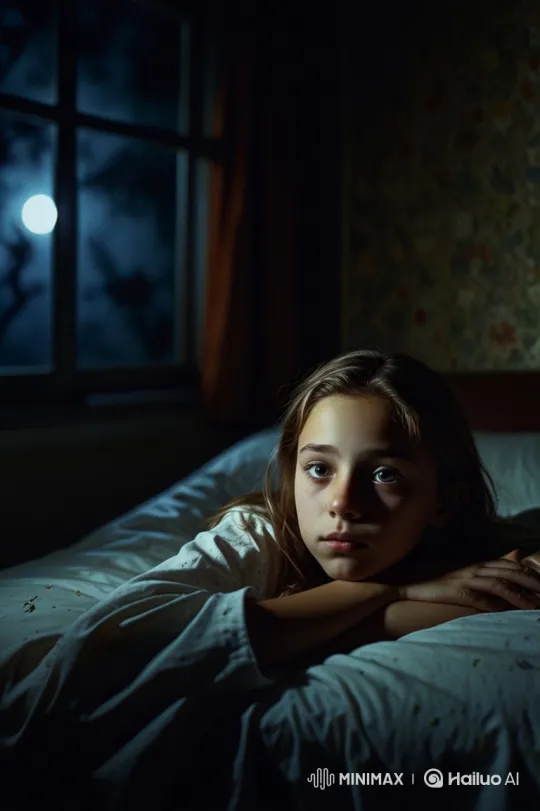 Young Girl's Frightened Gaze in Moonlit Bedroom – AI Generated Video | Hailuo AI