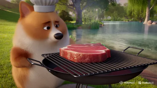 Chubby Dog Cooks Steak, Causes Tsunami at Riverside – AI Generated Video | Hailuo AI