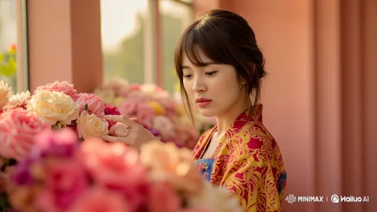 Young Woman Selecting Roses in Slow Motion – AI Generated Video | Hailuo AI