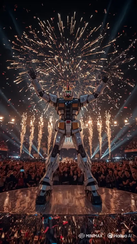 Giant Robot Triumphs on Sparkling Stage with Fireworks – AI Generated Video | Hailuo AI