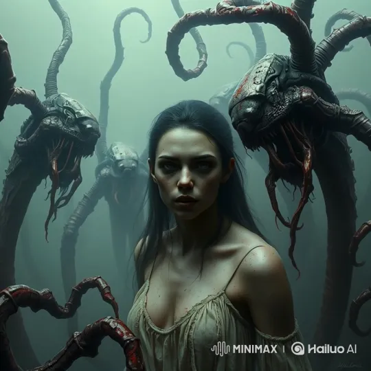 Pale Woman Terrified by Biomechanical Alien Creatures – AI Generated Video | Hailuo AI