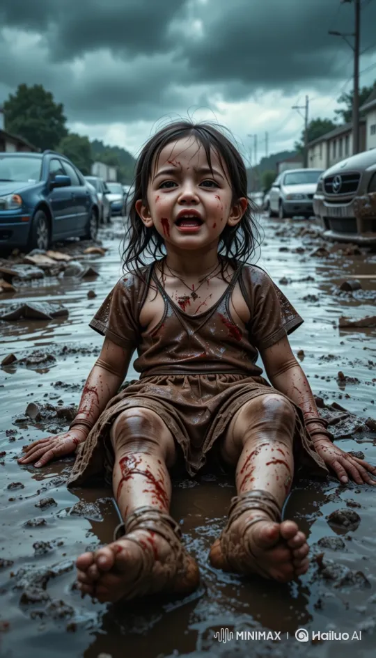 Injured Child in Flooded Ruins: A Heartbreaking Scene – AI Generated Video | Hailuo AI