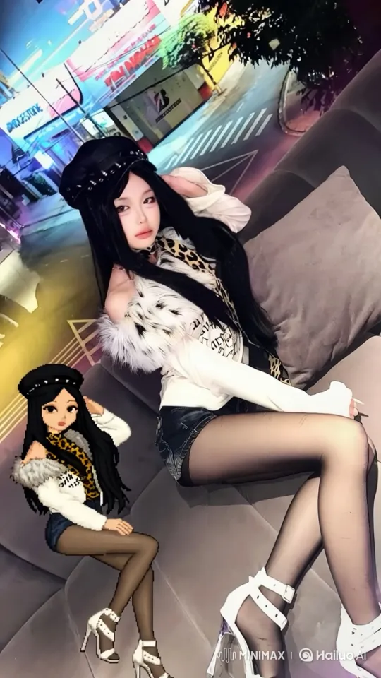 Fashionable Woman and Pixelated Avatar in 180-Degree Orbit – AI Generated Video | Hailuo AI