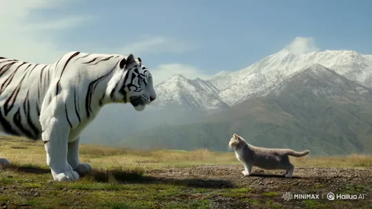 White Tiger Confronts Cat, Sends It Flying Towards Baekdu Mountain – AI Generated Video | Hailuo AI