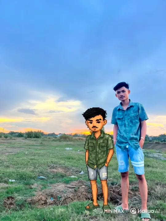 Young Man and Pixel-Art Counterpart in a Sunset Field – AI Generated Video | Hailuo AI