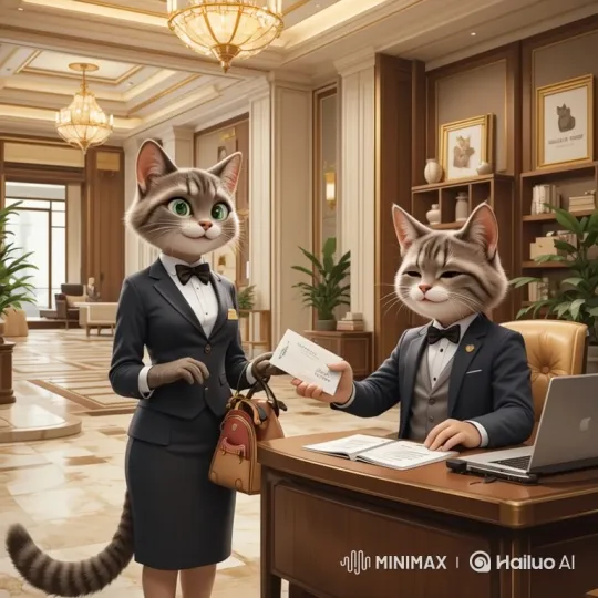 Cat Office Scene: Manager Gives Paycheck to Employee – AI Generated Video | Hailuo AI