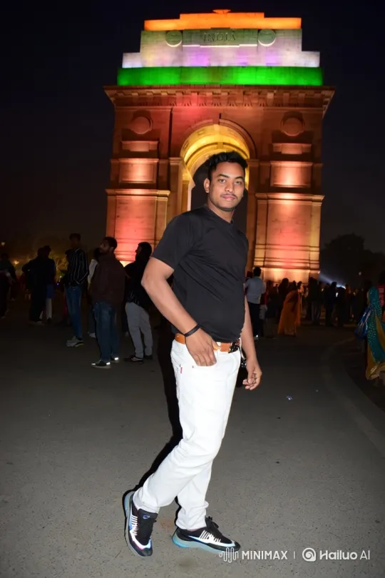 Young Man Poses at Night by Illuminated India Gate – AI Generated Video | Hailuo AI