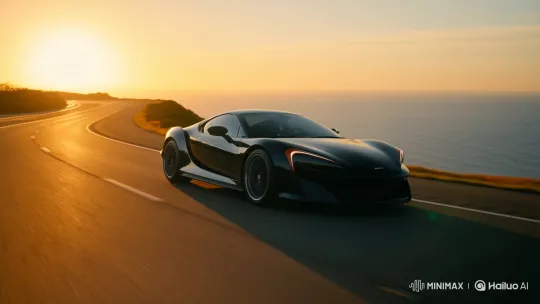 Modern Sports Car Glides on Coastal Sunset Highway – AI Generated Video | Hailuo AI