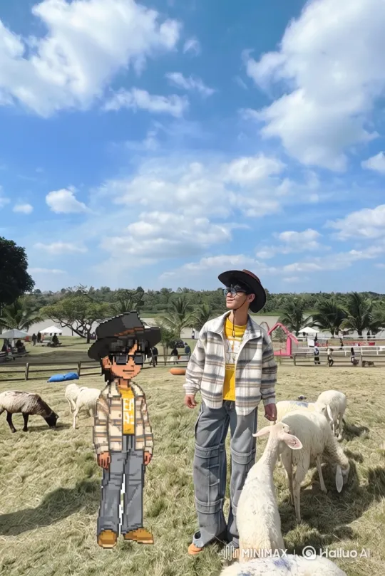 180-Degree Orbit Around Man and Pixel Self in Pastoral Setting – AI Generated Video | Hailuo AI