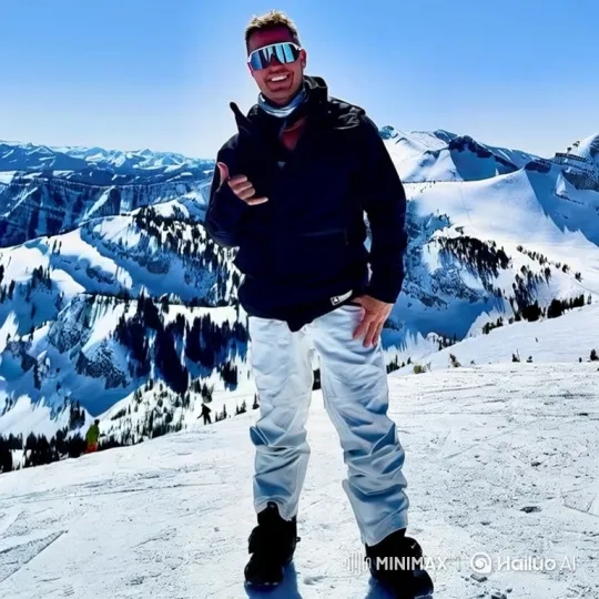 Man in Winter Gear Waves Goodbye by Lamborghini on Snowy Mountain – AI Generated Video | Hailuo AI