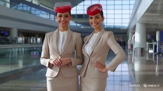 Two Air Hostesses Pose in Dubai Airport – AI Generated Video | Hailuo AI