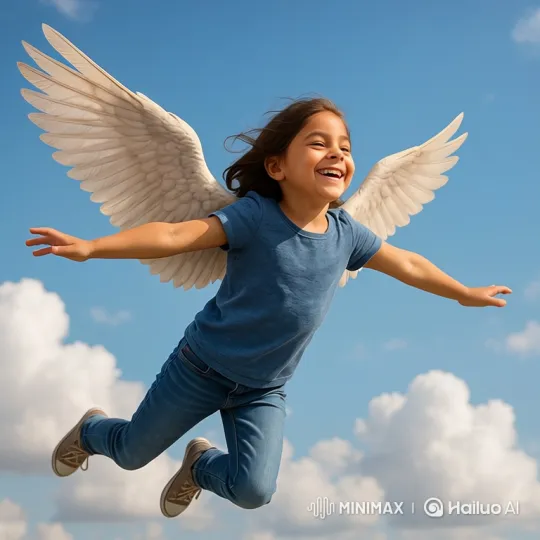Young Girl with Wings Glides Joyfully Through Sky – AI Generated Video | Hailuo AI