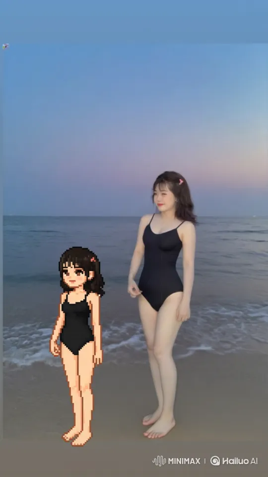 Young Woman and Avatar on a Dusk Beach – AI Generated Video | Hailuo AI