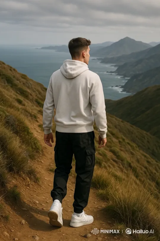 Young Man Contemplates on Mountain Path with Ocean View – AI Generated Video | Hailuo AI