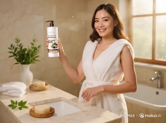 Malay Girl Showcases Sadoer Shower Gel in Elegant Setting – AI Generated Video | Hailuo AI