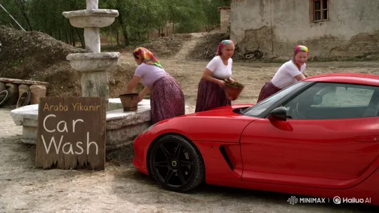 Traditional Peasant Women Comically Wash Sports Car at Village Fountain – AI Generated Video | Hailuo AI