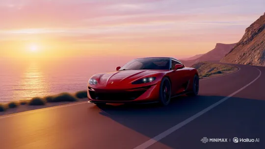Red Sports Car Glides on Coastal Road at Sunset – AI Generated Video | Hailuo AI