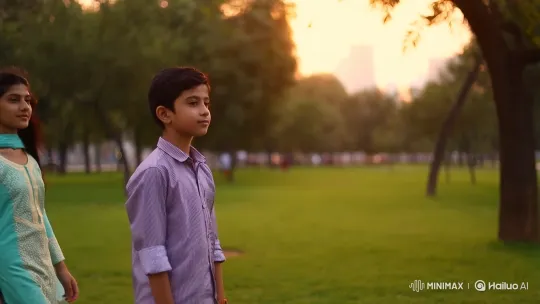 Serene Golden Hour Moment Between Boy and Pakistani Girl in Urban Park – AI Generated Video | Hailuo AI