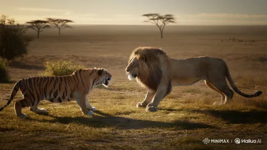Majestic Lion Battles Formidable Siberian Tiger – AI Generated Video | Hailuo AI