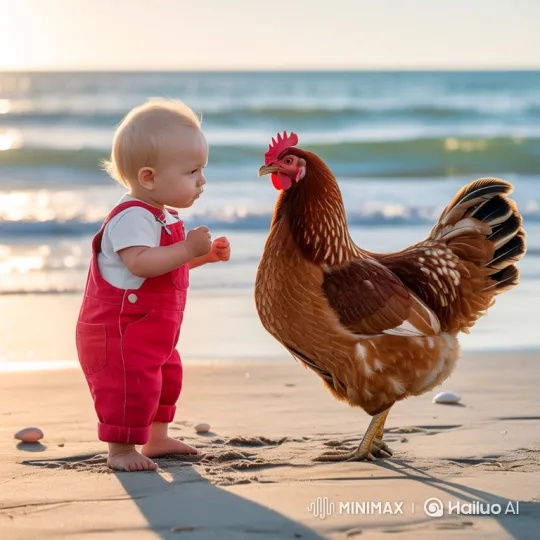 Toddler Challenges Chicken in Beach Standoff – AI Generated Video | Hailuo AI