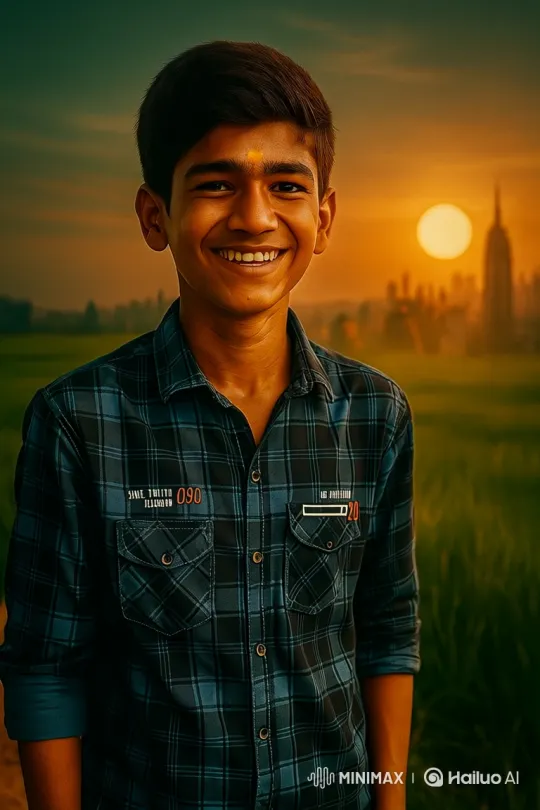 Young Man in Field: Sunset Smile and Gentle Breeze – AI Generated Video | Hailuo AI
